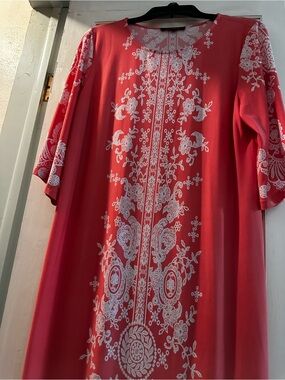 Coral Red Embroidered Midi Dress with White Floral Detail